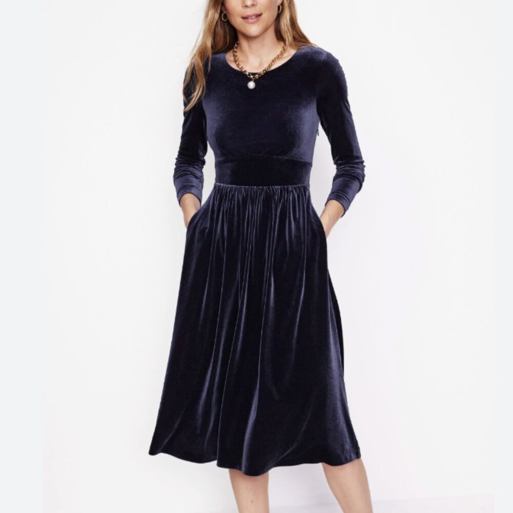 NWT Boden Thea Velvet Jersey Midi Dress Navy Blue Long Sleeves Fit Flare Size 12